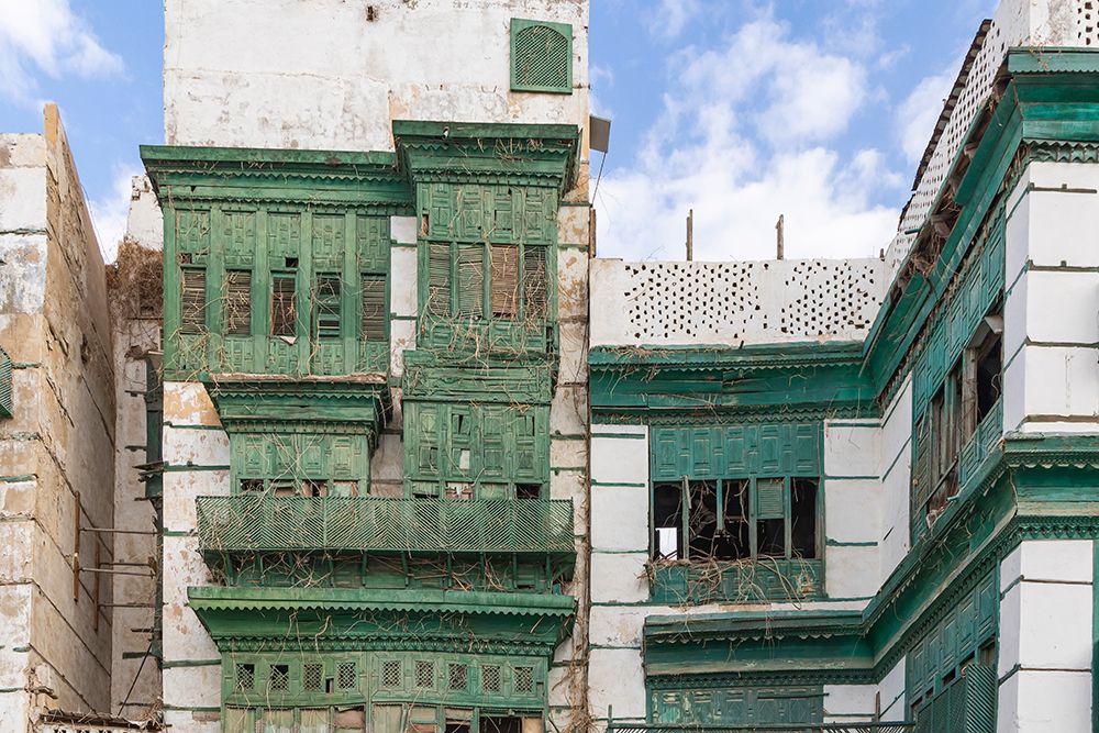 Saudi Arabia, Mecca, Jeddah, Al-Balad.Hijazi tower house with wooden ...