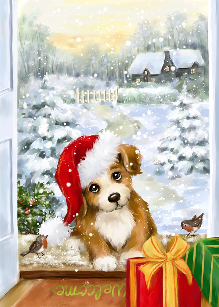 Christmas puppy at Door