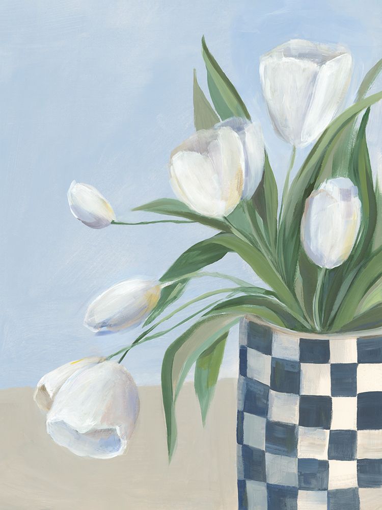 Checkered Vase with White Tulips