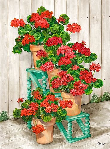 Spindle Shelf Geraniums - Beige Art Print