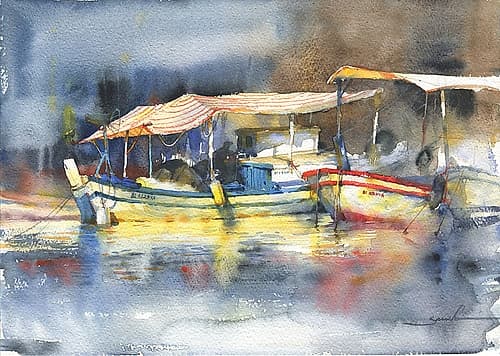 Yachts in the port. Watercolor art Art Print