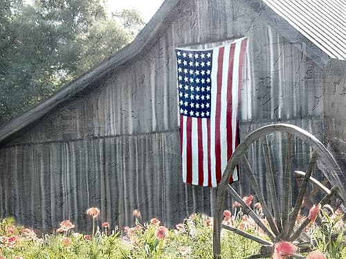 USA Wagon Wheel Barn Art Print by Kimberly Allen