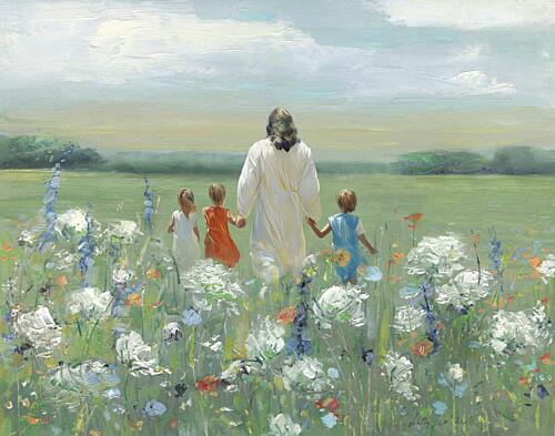 Jesus Walks with Children in Wildflowers