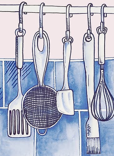 Kitchen Tools on Blue Tiles Art Print