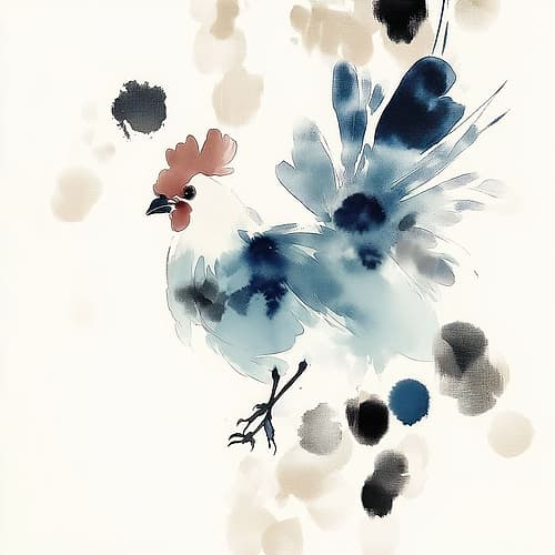 Blue Rooster Amidst Ink Blots Art Print