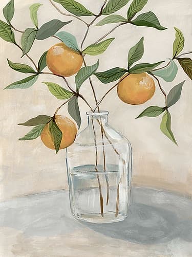 Oranges and Leaves in Glass Vase Art Print