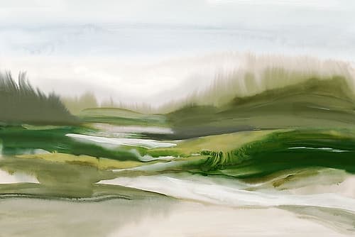 Gentle Green Valley Landscape Aquarelle reproduction