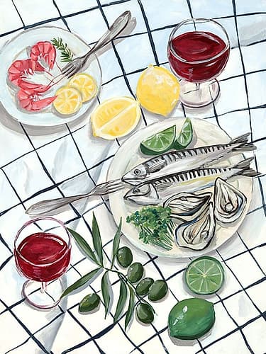 Seaside Feast on Checkered Tablecloth Art Print