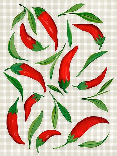 Chili Peppers on Checkered Tablecloth Campagne reproduction