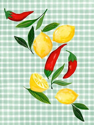 Spicy Lemons on Checkered Cloth Art déco reproduction