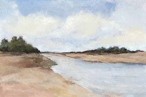 Riverbank Under Blue Skies Art Print