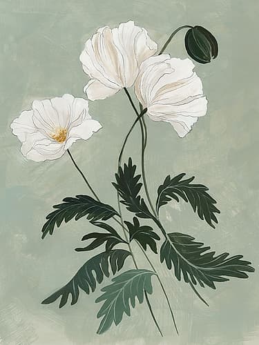 White Poppies on Green Background I Art Print