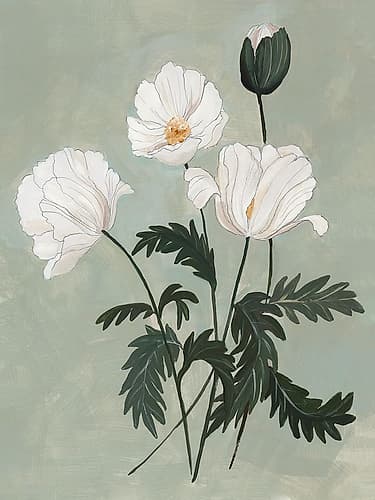 White Poppies on Green Background II Art Print