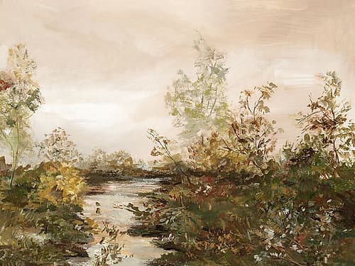 Tranquil Riverbank in Early Autumn Art Print