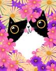Tuxedo Cat with Pink Flowers Art Print