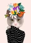 Cat With Flowers and Finch Art Print
