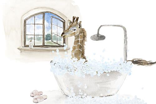Giraffe in a Bubble Bath Art Print