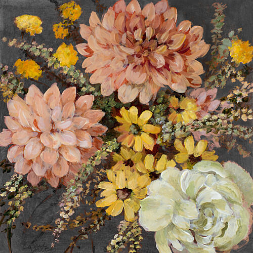 Daises and Dahlias on Black Art Print