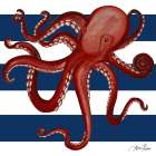 Red Octopus on Navy Stripes Art Print