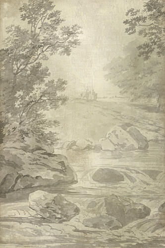 River with Angler I Aged Aquarelle reproduction