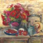 Strawberries and Zinnias Art Print