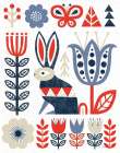 Folk Lodge Rabbit Red Navy Art Print