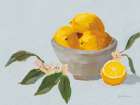 Lemons in Grey Bowl Blue Texture Art Print