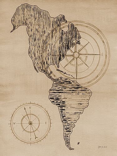 Sepia Map of Americas Travel Print
