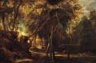 A Forest at Dawn with a Deer Hunt Art Print