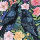 Two Crows on Flowers Art Print