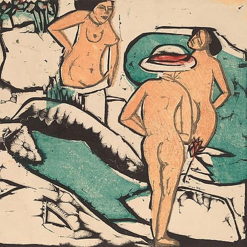 Women Bathing between White Stones Figurative Print