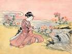 Japanese woman picking chrysanthemum Art Print