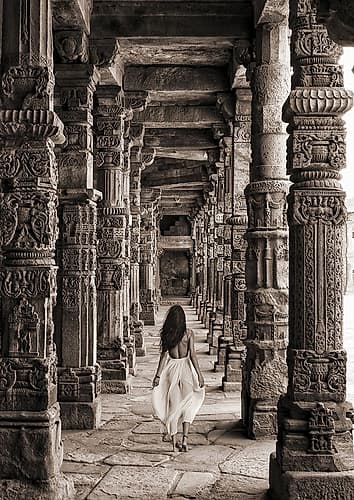 At the Temple-India (BW) Art Print
