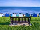 Bench on lawn with beach huts in background Art Print