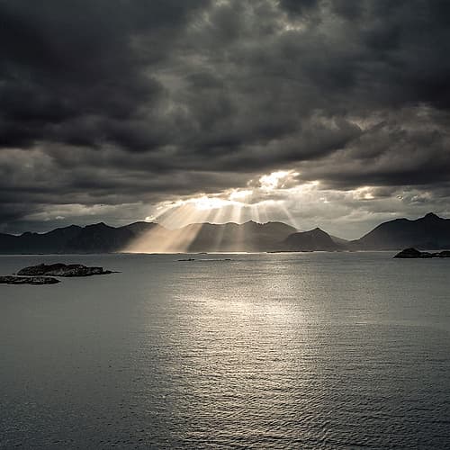 Sunset of Norwegian fjord-Lofoten-Norway Inspirational Print