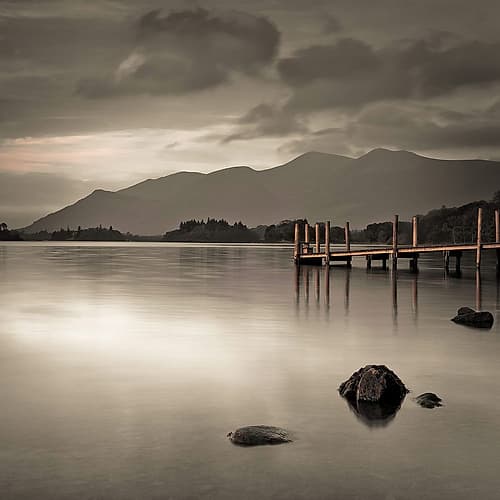 Pier on still lake Landscape Print