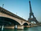 Bridge over river Siene with Eifflel tower in background, Paris, France Art Print
