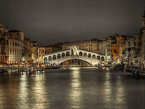 The grand canal and the Rialto bridge at night, Venice, Italy Art Print
