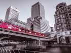 High rise buildings and a train, Canary Wharf, London Art Print