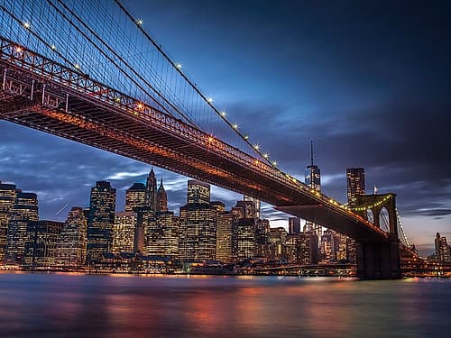 Brooklyn Bridge and lower Manhattan skyline at dusk, New York Photography Print