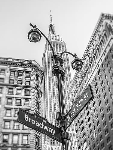Street lamp and street signs with Empire State building in background - New York Photography Print