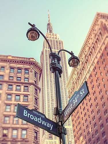 Street lamp and street signs with Empire State building in background - New York Photography Print