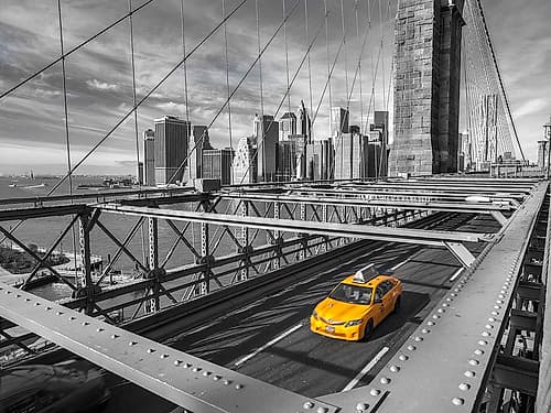 Cab on Brooklyn Bridge, Manhattan, New York Photography Print