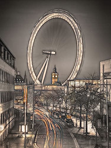 Night shot of London street with Millennium wheel in background Photography Print
