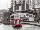 Narrow canal with small boats in Birmingham, UK Art Print