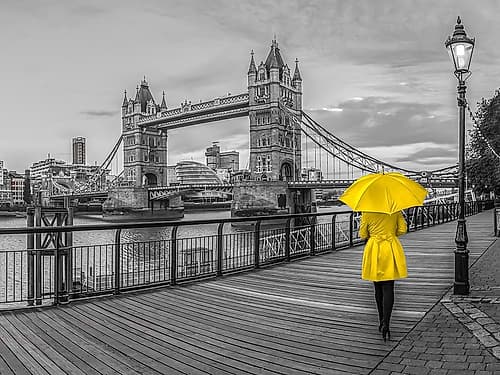 Lady in yellow, Tower bridge, London Art Print