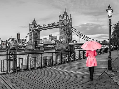 Lady in pink, Tower bridge, London Art Print