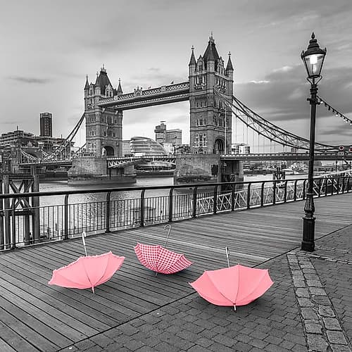Pink umbrellas, Tower bridge, London Art Print