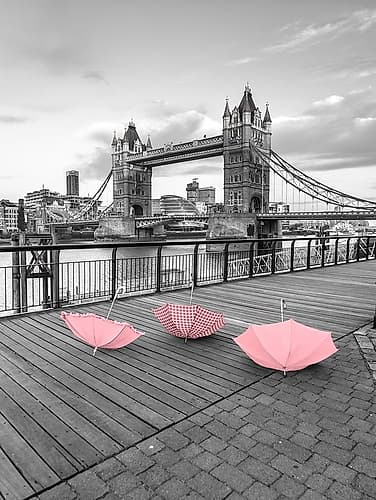 Pink umbrellas, Tower bridge, London Art Print
