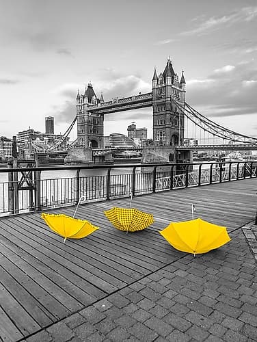 Yellow umbrellas, Tower bridge, London Art Print